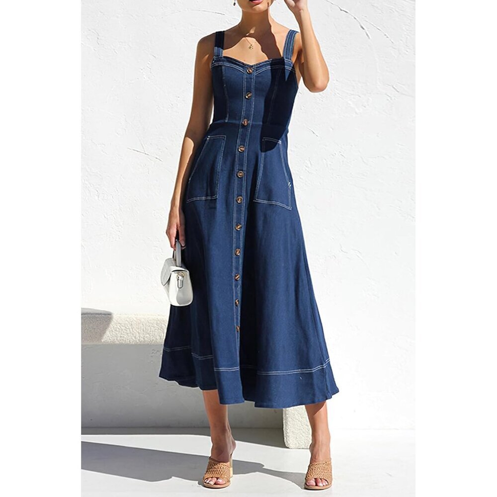 Women's Denim Midi Dress Adjustable Straps Sleeveless Button Down Casual - Picture 4 of 6